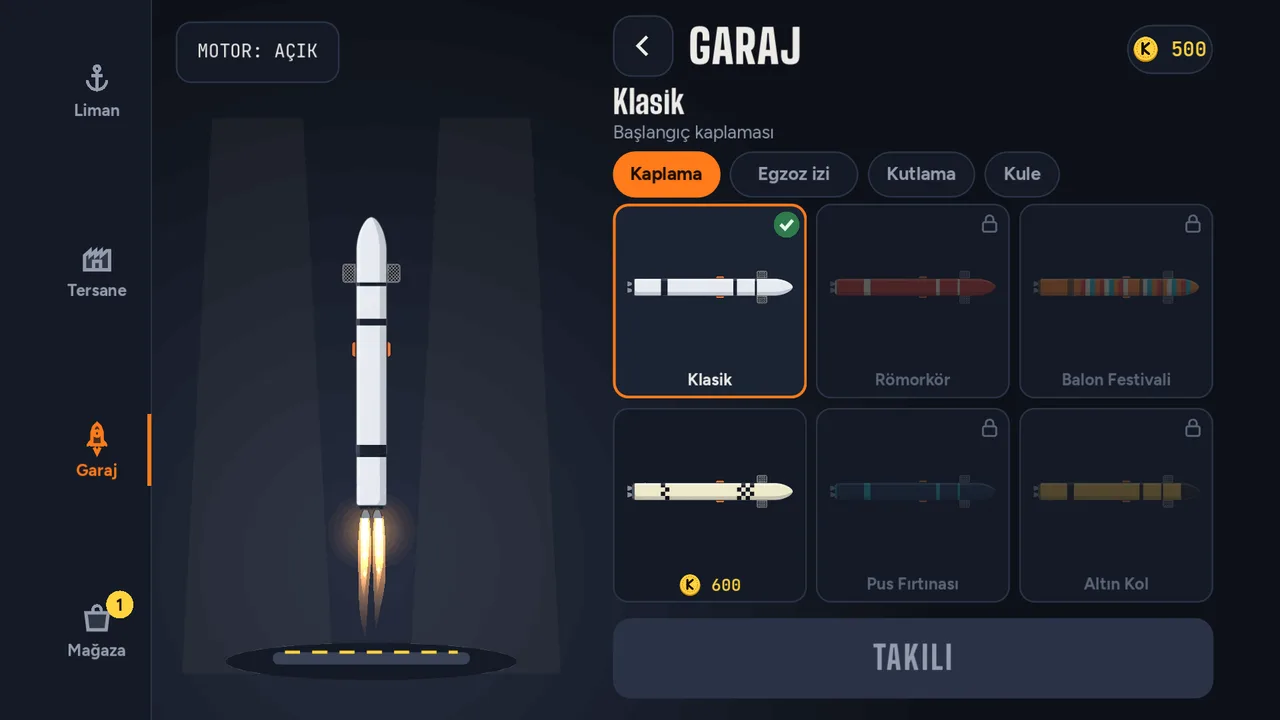 Choosing a rocket skin in the garage